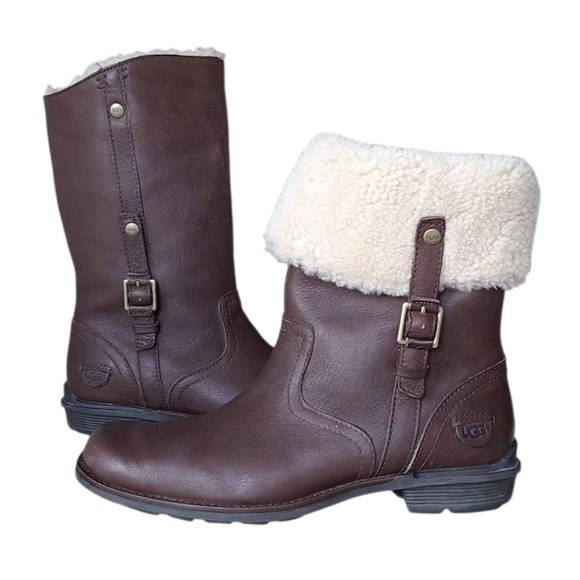 UGG Bellvue 5745 Sheep Shearling Lined Fold Down Leather Boots Chunky Cozy 8.5 - Picture 1 of 12